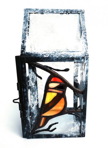 Téli madaras házikó alakú Tiffany üveg lámpás 9×19  cm